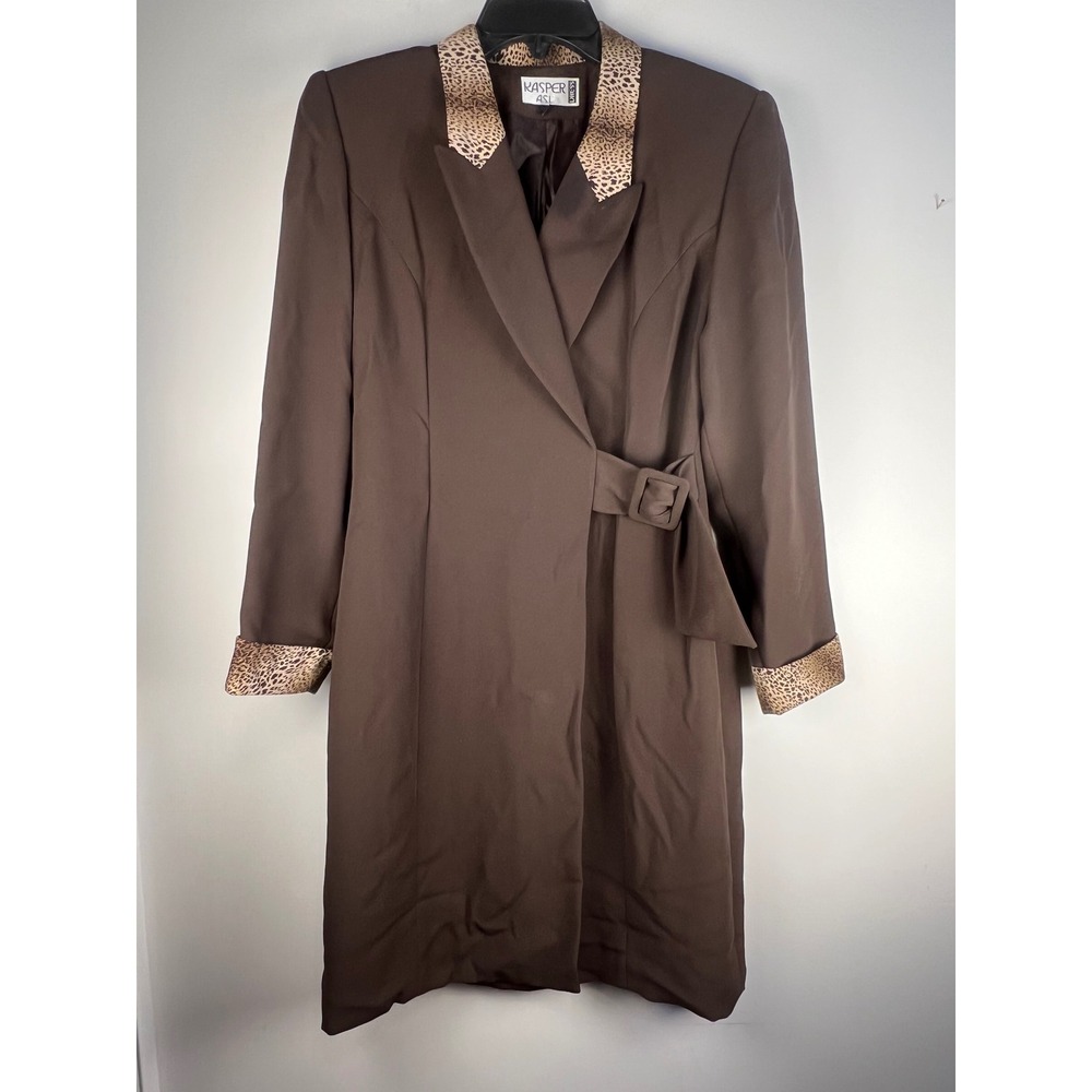 Kasper ASL Women's Brown Blazer Wrap Dress Leopard Print Trim Belted Knee Length